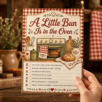 Neutral Vintage Bun in the Oven Baby Shower Invitation — invitation you personalize in Canva