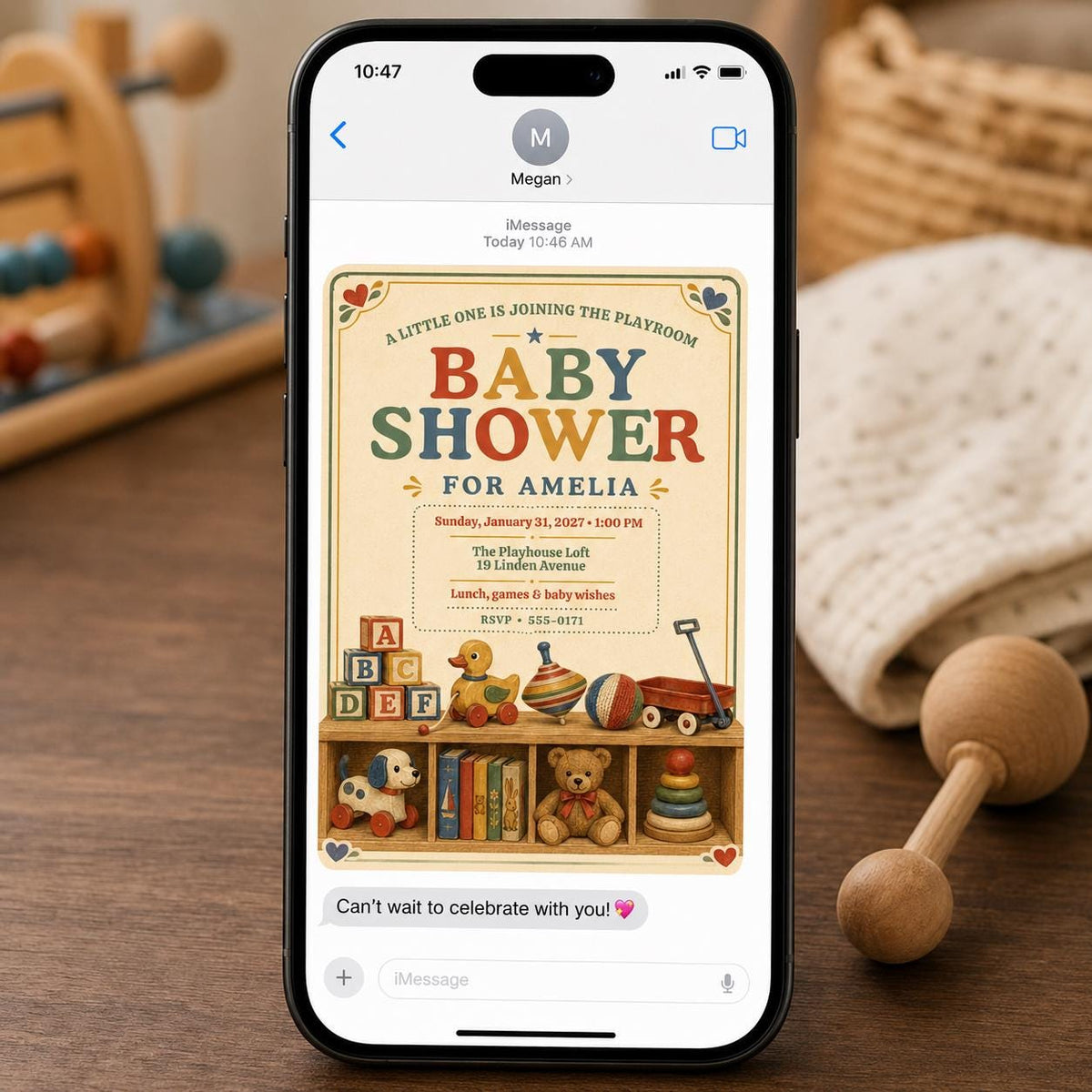 Neutral Vintage Toy Baby Shower Invitation — invitation you personalize in Canva