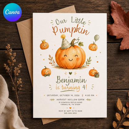 Neutral Watercolor Little Pumpkin 4th Birthday Invitation — editable Canva template