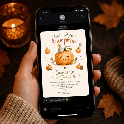 Neutral Watercolor Little Pumpkin 4th Birthday Invitation — invitation you personalize in Canva