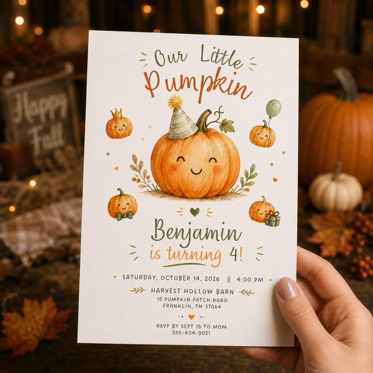 Neutral Watercolor Little Pumpkin 4th Birthday Invitation — print-ready 4th birthday party design from VoltBy