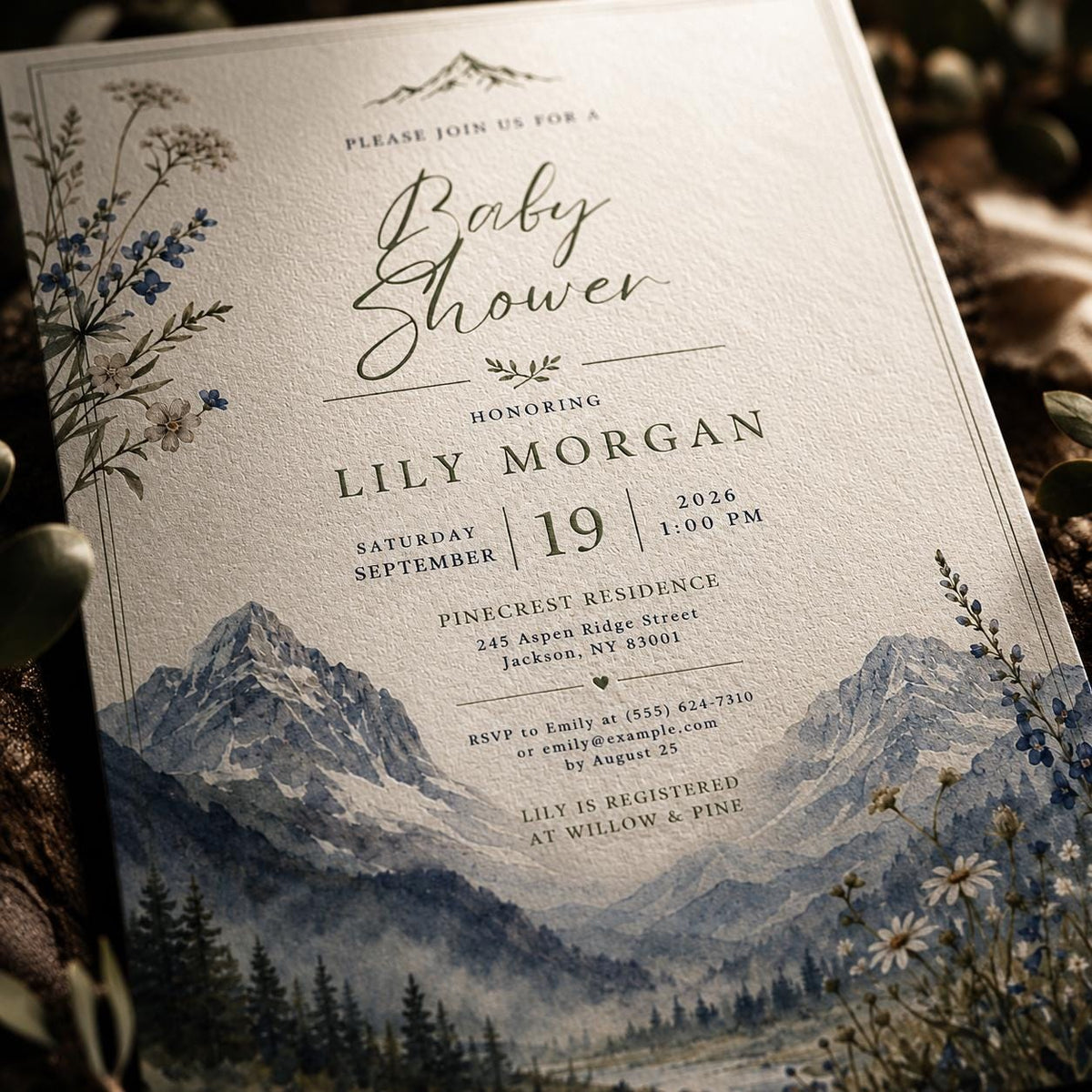 Neutral Watercolor Mountain Baby Shower Invitation — invitation you personalize in Canva