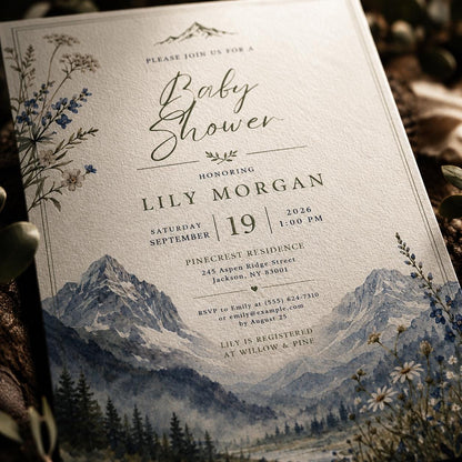 Neutral Watercolor Mountain Baby Shower Invitation — invitation you personalize in Canva