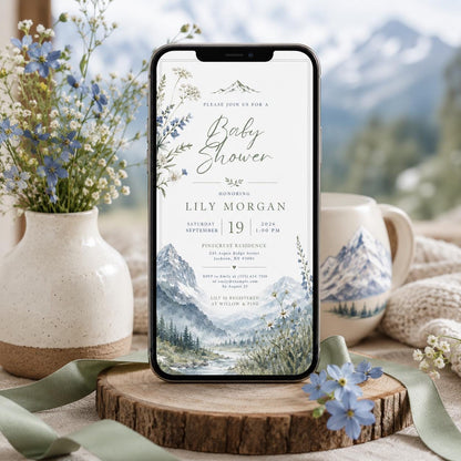 Neutral Watercolor Mountain Baby Shower Invitation — floral baby shower design