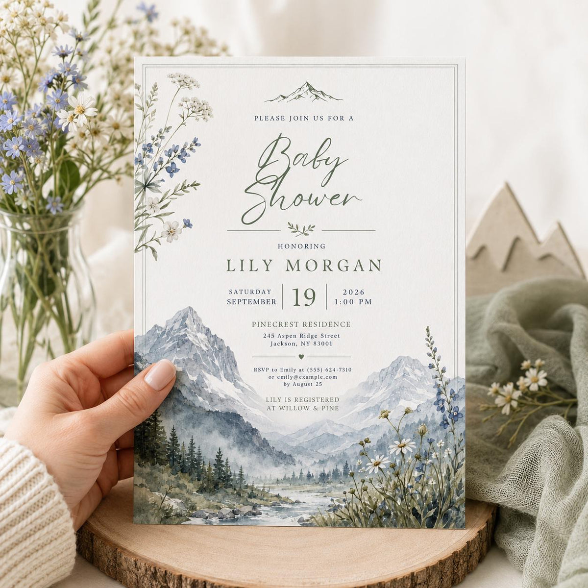 Neutral Watercolor Mountain Baby Shower Invitation — print-ready baby shower design from VoltBy
