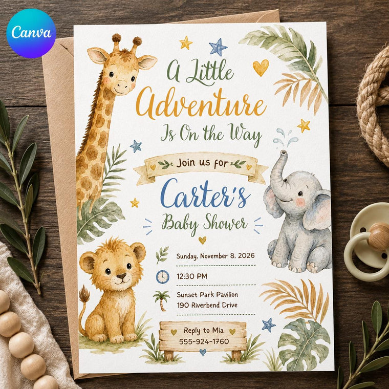 Neutral Watercolor Safari Baby Shower Invitation