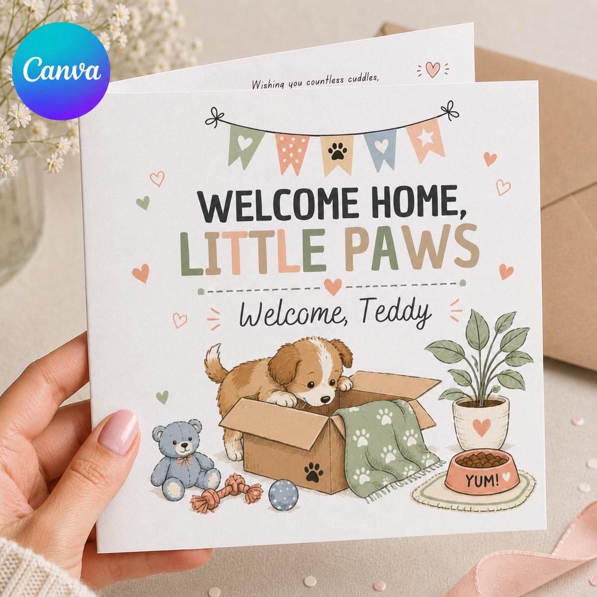 New Puppy Greeting Card — editable Canva template