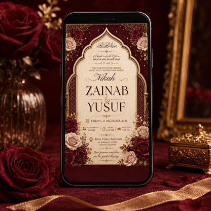 Burgundy Rose Nikah Invitation with Ornate Arch — invitation you personalize in Canva