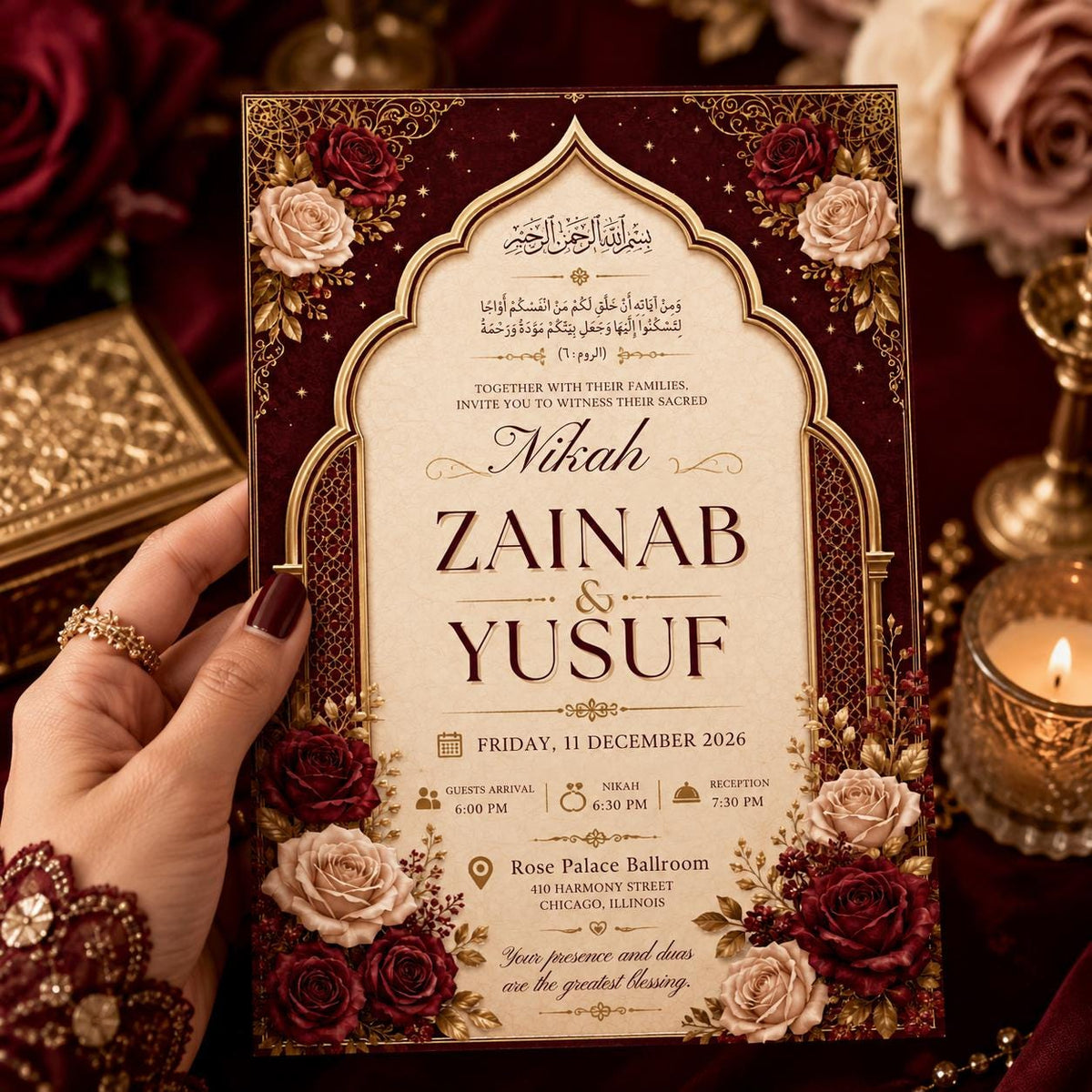 Burgundy Rose Nikah Invitation with Ornate Arch — print-ready nikah ceremony design from VoltBy