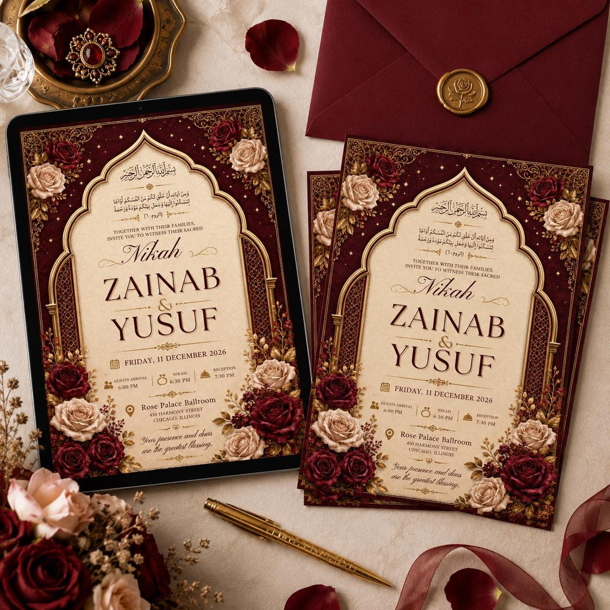 Burgundy Rose Nikah Invitation with Ornate Arch — digital invitation, instant download