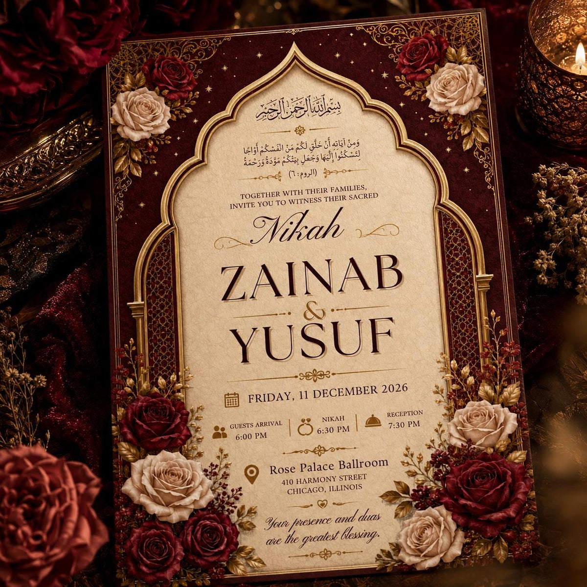 Burgundy Rose Nikah Invitation with Ornate Arch — nikah ceremony stationery by VoltBy