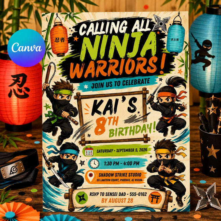 Ninja Warriors 8th Birthday Invitation