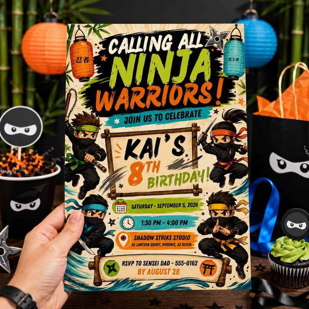 Ninja Warriors 8th Birthday Invitation in black and green