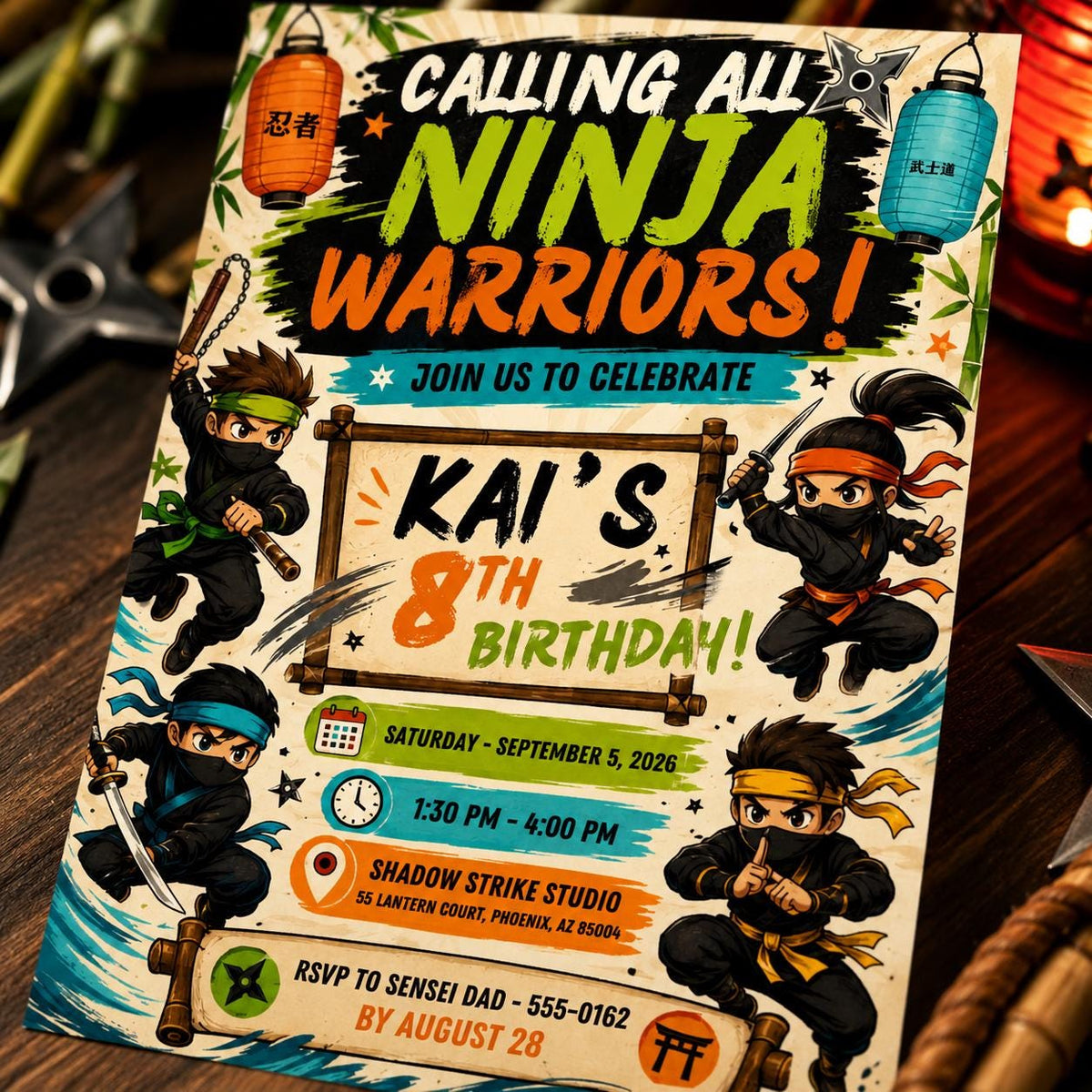 Ninja Warriors 8th Birthday Invitation — lantern design