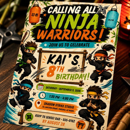 Ninja Warriors 8th Birthday Invitation — lantern design