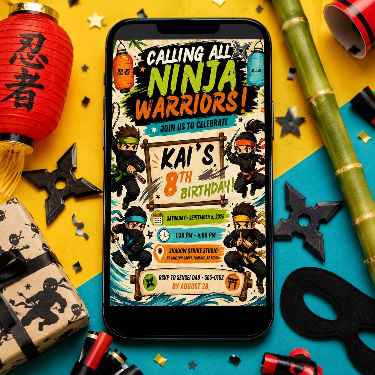 Ninja Warriors 8th Birthday Invitation — invitation you personalize in Canva