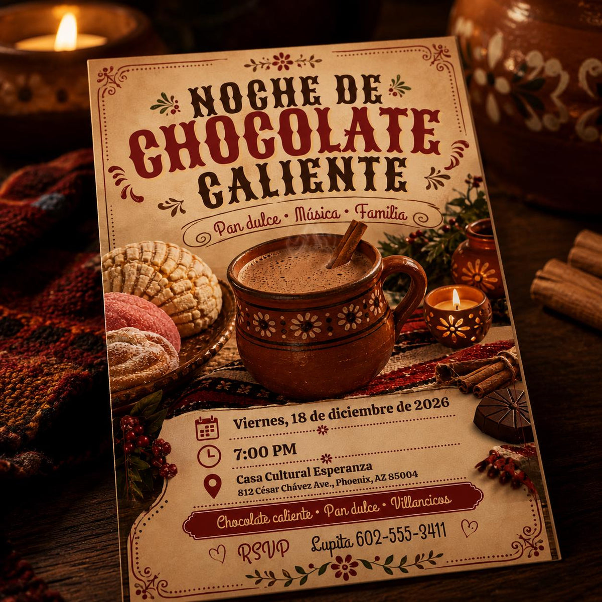 Noche de Chocolate Caliente Invitation — Christmas celebration stationery by VoltBy