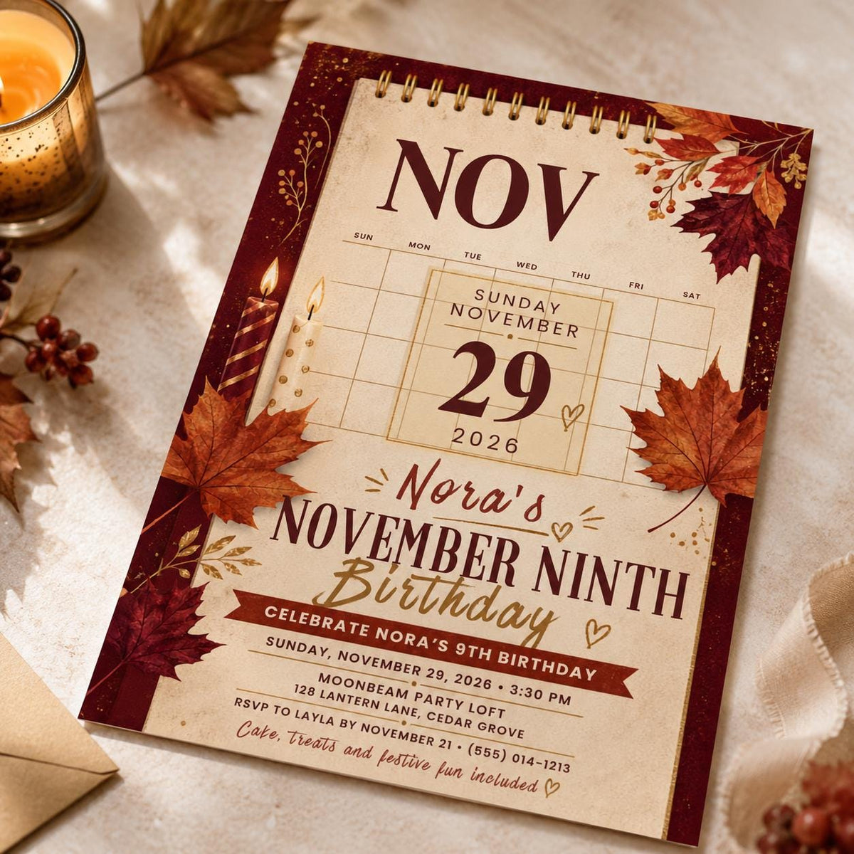 November 9th Birthday Invitation for Girls — leaf design