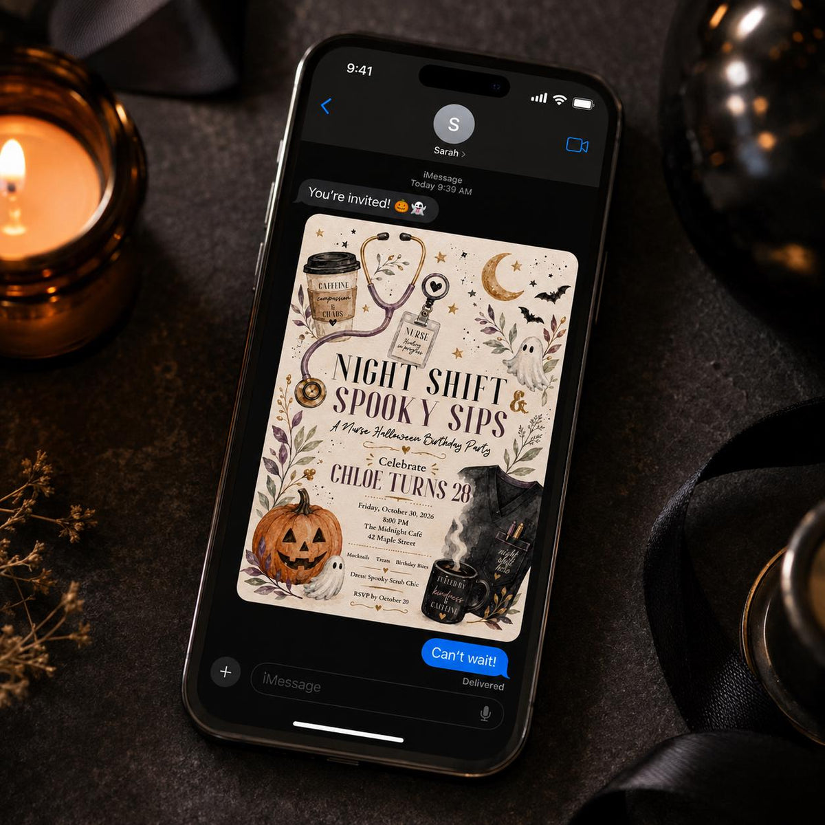 Nurse Halloween 28th Birthday Invitation — invitation you personalize in Canva