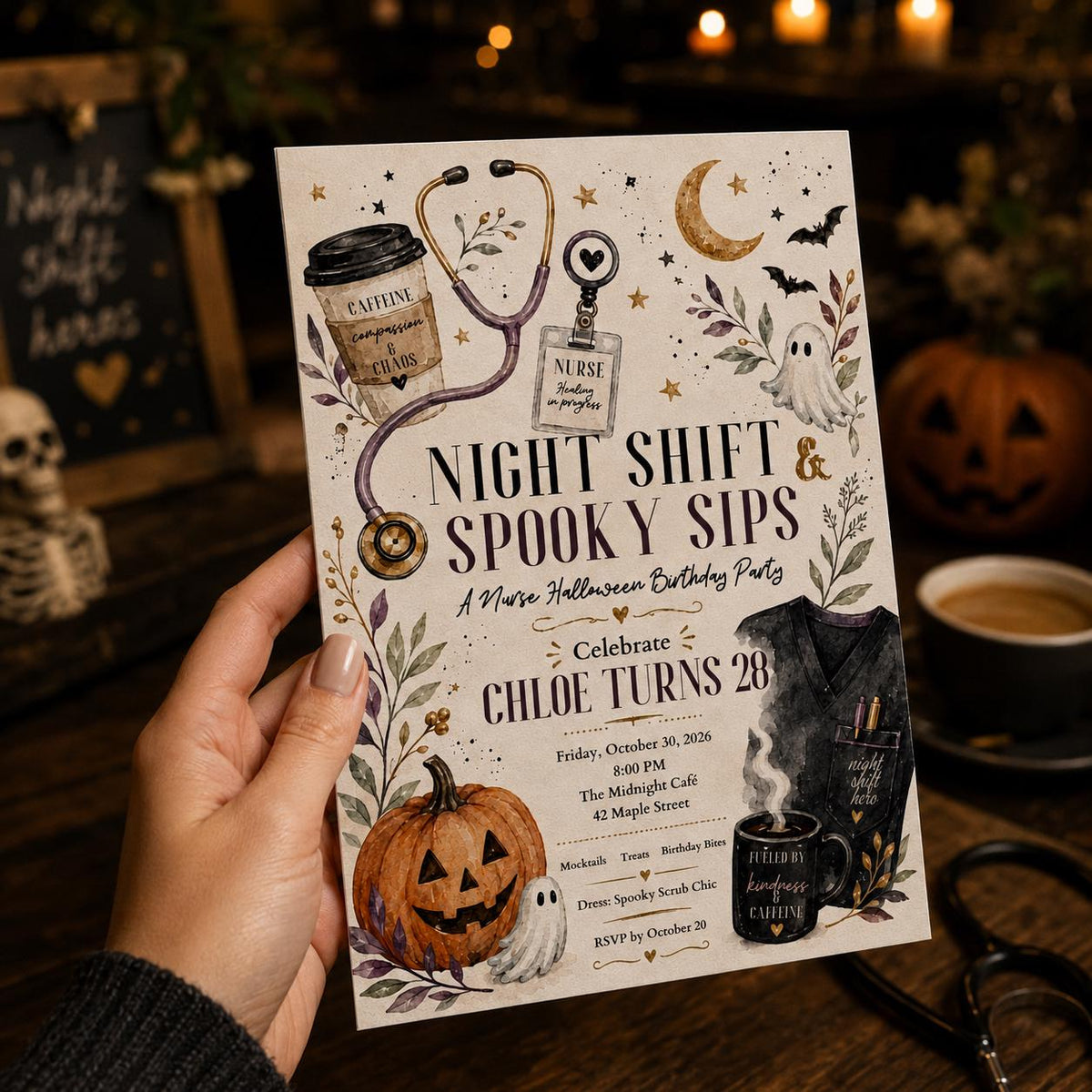 Nurse Halloween 28th Birthday Invitation — print-ready 28th birthday party design from VoltBy