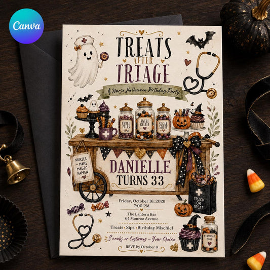 Nurse Halloween 33rd Birthday Invitation — editable Canva template