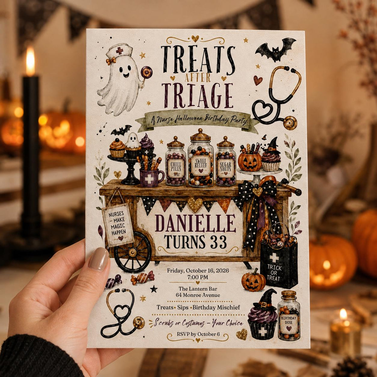 Nurse Halloween 33rd Birthday Invitation — print-ready 33rd birthday party design from VoltBy