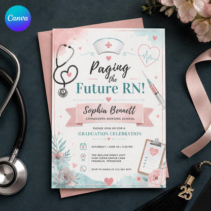 Nurse Nursing Graduation Invitation — editable Canva template