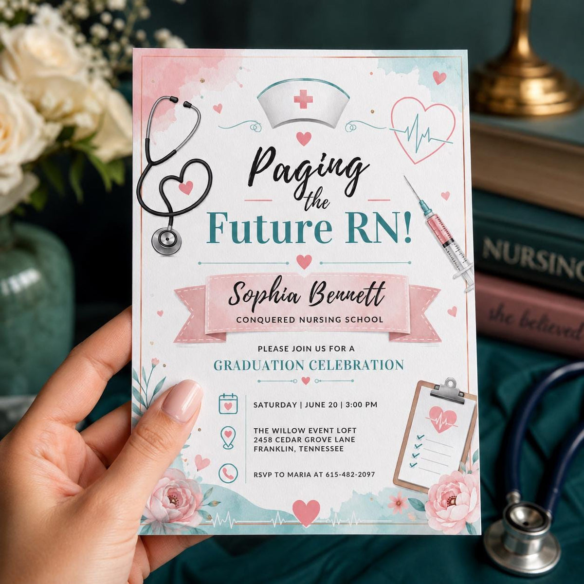 Nurse Nursing Graduation Invitation — print-ready graduation party design from VoltBy