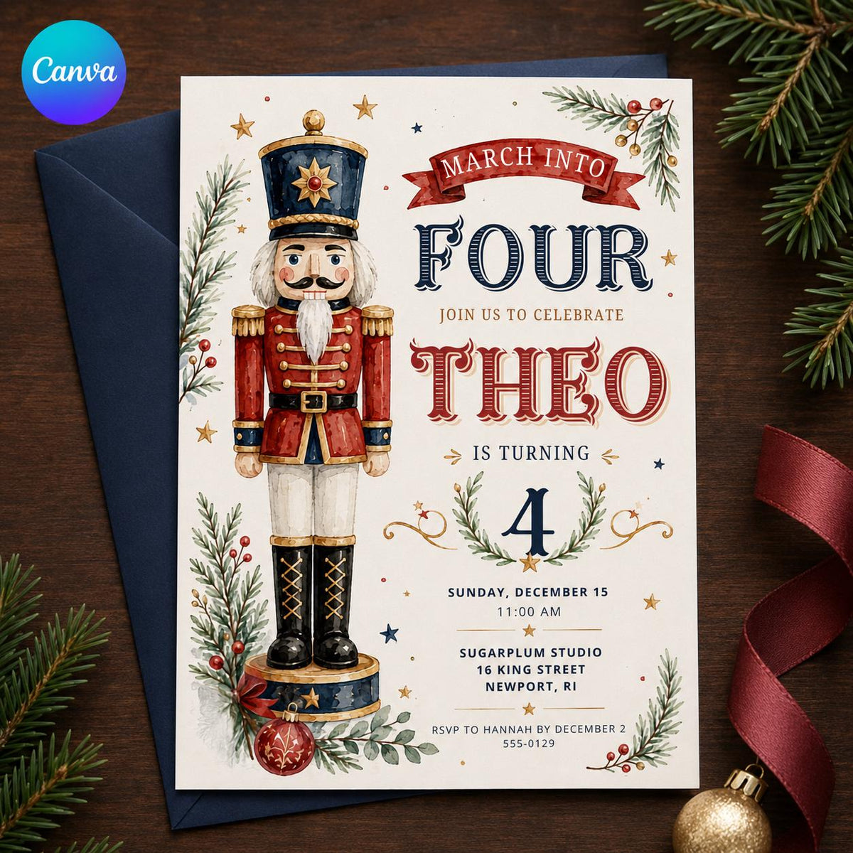 Nutcracker 4th Birthday Invitation — editable Canva template