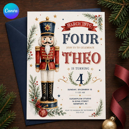 Nutcracker 4th Birthday Invitation — editable Canva template
