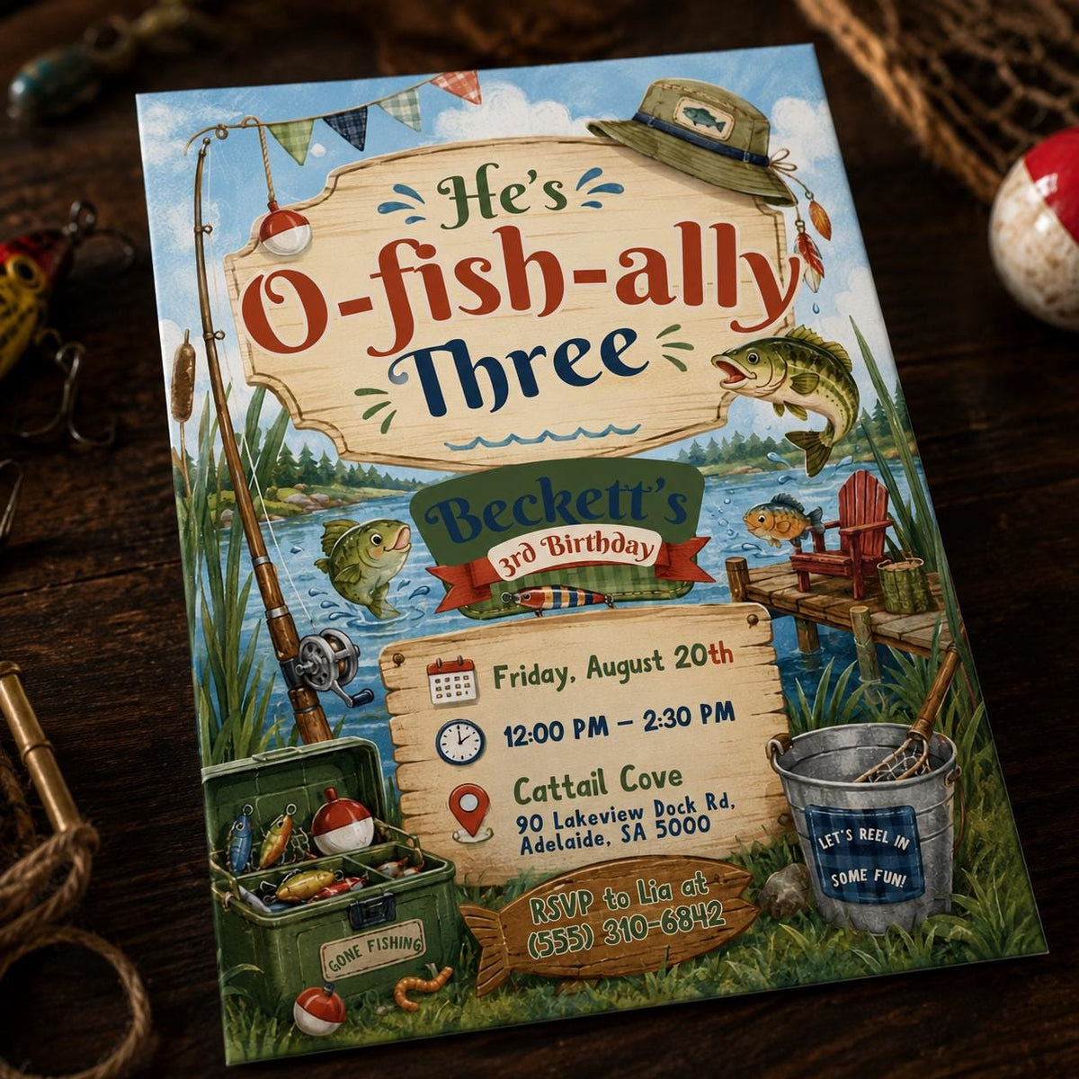 O-Fish-Ally Three Lakeside Birthday Invitation — fishing and lake design