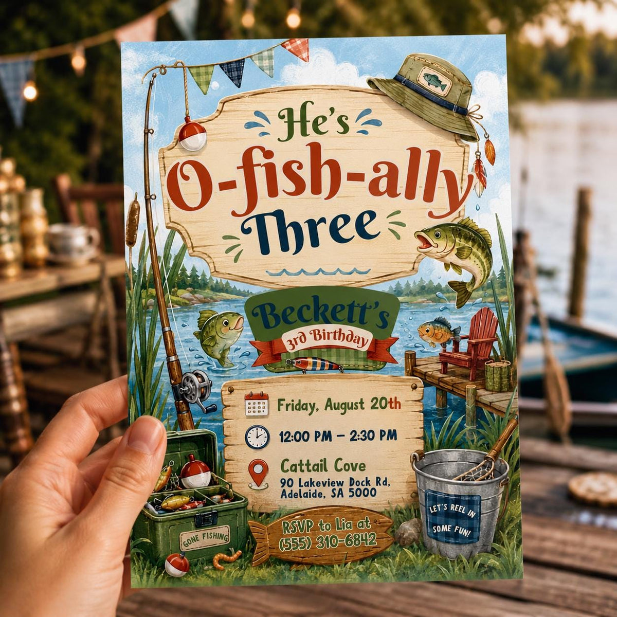 O-Fish-Ally Three Lakeside Birthday Invitation — rustic 3rd birthday party design
