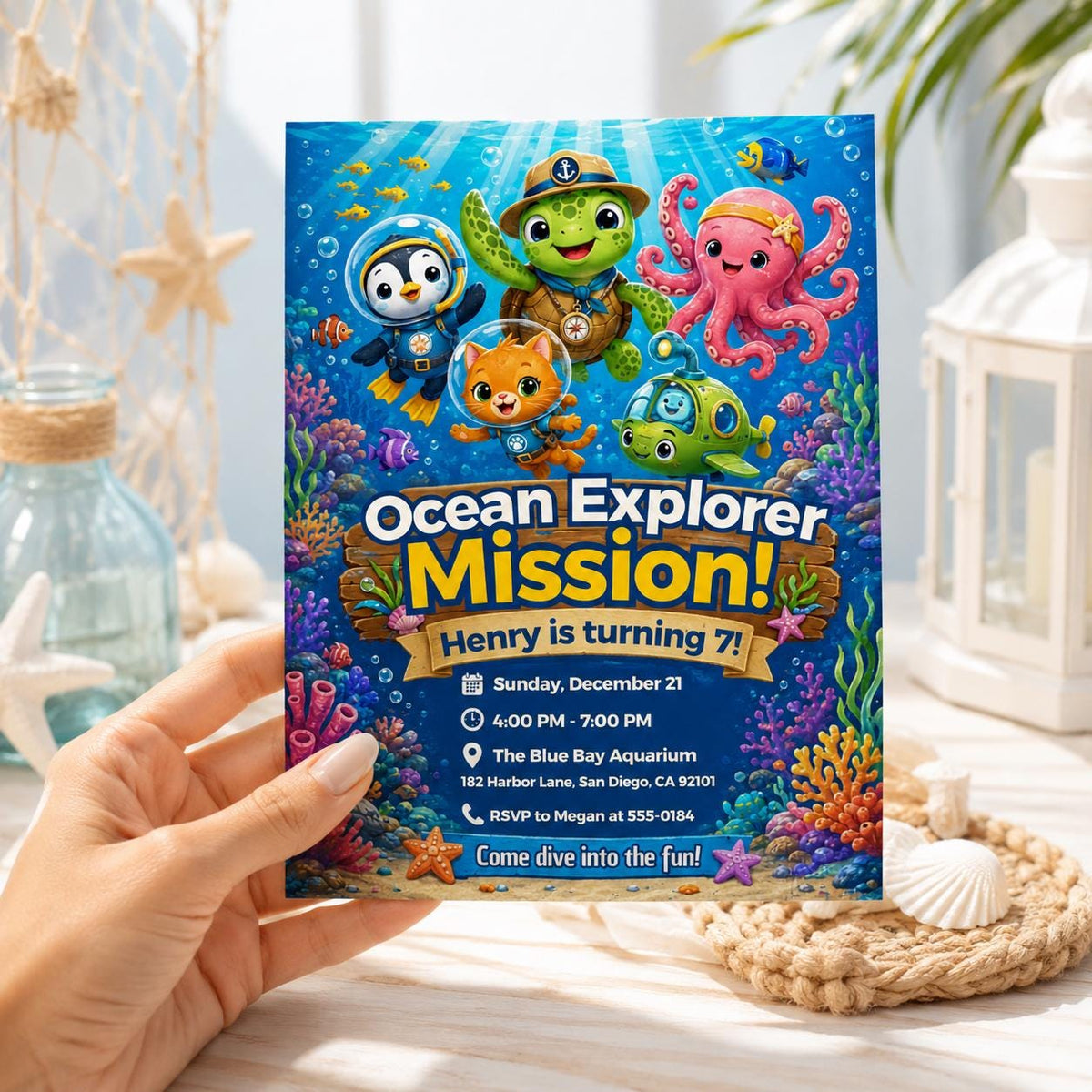Ocean Explorer Birthday Invitation — editable Canva template