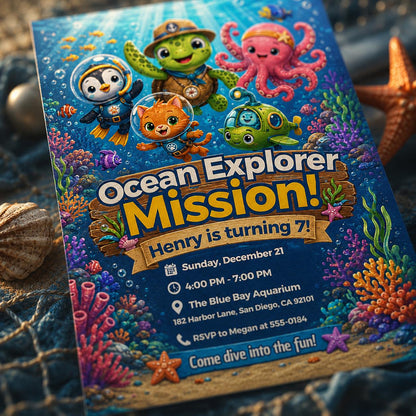 Ocean Explorer Birthday Invitation — invitation you personalize in Canva