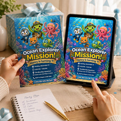 Ocean Explorer Birthday Invitation — print-ready birthday party design from VoltBy