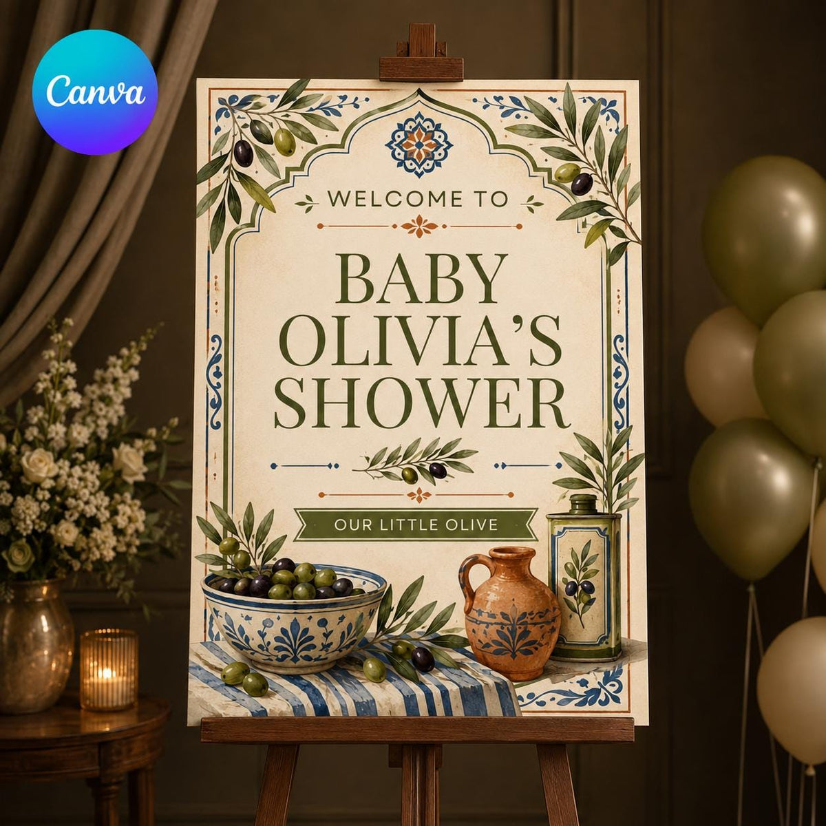 Olive Baby Shower Welcome Sign — editable Canva template