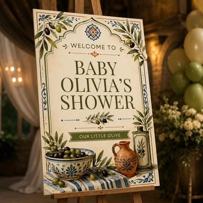 Olive Baby Shower Welcome Sign — welcome sign you personalize in Canva