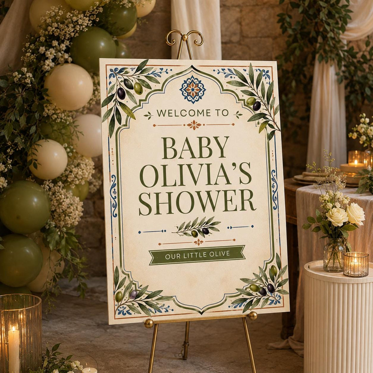 Olive Baby Shower Welcome Sign — print-ready baby shower design from VoltBy