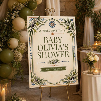 Olive Baby Shower Welcome Sign — print-ready baby shower design from VoltBy