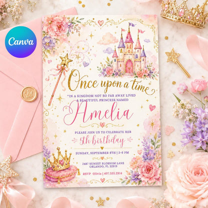 Once Upon a Time Princess Castle 5th Birthday Invitation — editable Canva template