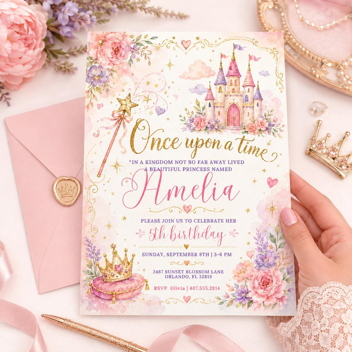 Once Upon a Time Princess Castle 5th Birthday Invitation — floral design