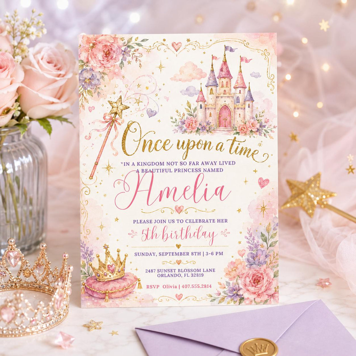 Once Upon a Time Princess Castle 5th Birthday Invitation — floral artwork in gold and pink