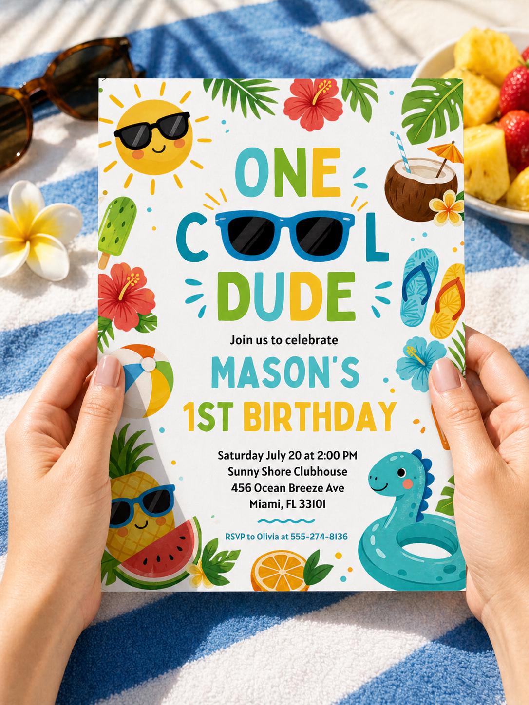 One Cool Dude Tropical Pool First Birthday Invitation for Boys — design view 4