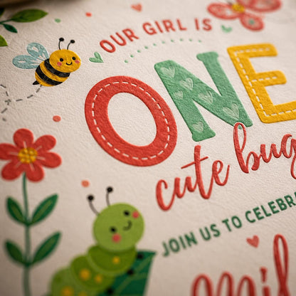 One Cute Bug First Birthday Invitation with Garden Critters — invitation you personalize in Canva