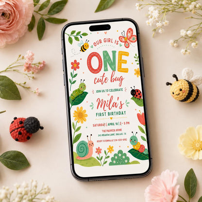 One Cute Bug First Birthday Invitation with Garden Critters — print-ready first birthday design from VoltBy