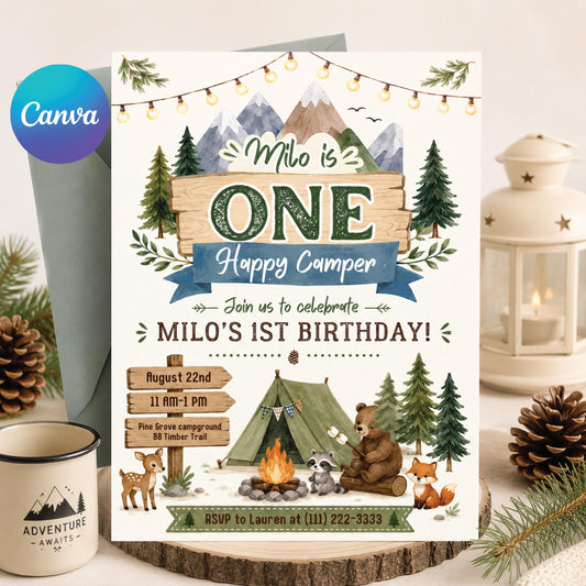 One Happy Camper First Birthday Invitation with Mountain Campsite — editable Canva template