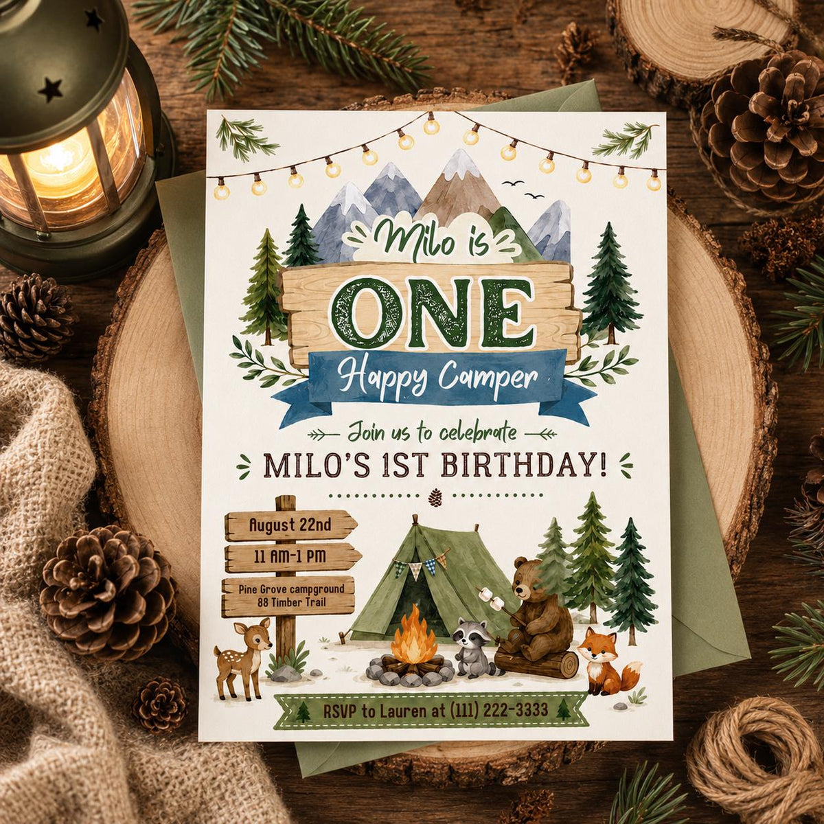 One Happy Camper First Birthday Invitation with Mountain Campsite in blue and brown