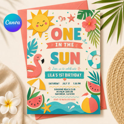 One in the Sun First Birthday Invitation for Girls — editable Canva template
