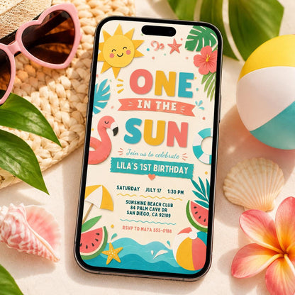 One in the Sun First Birthday Invitation for Girls — invitation you personalize in Canva