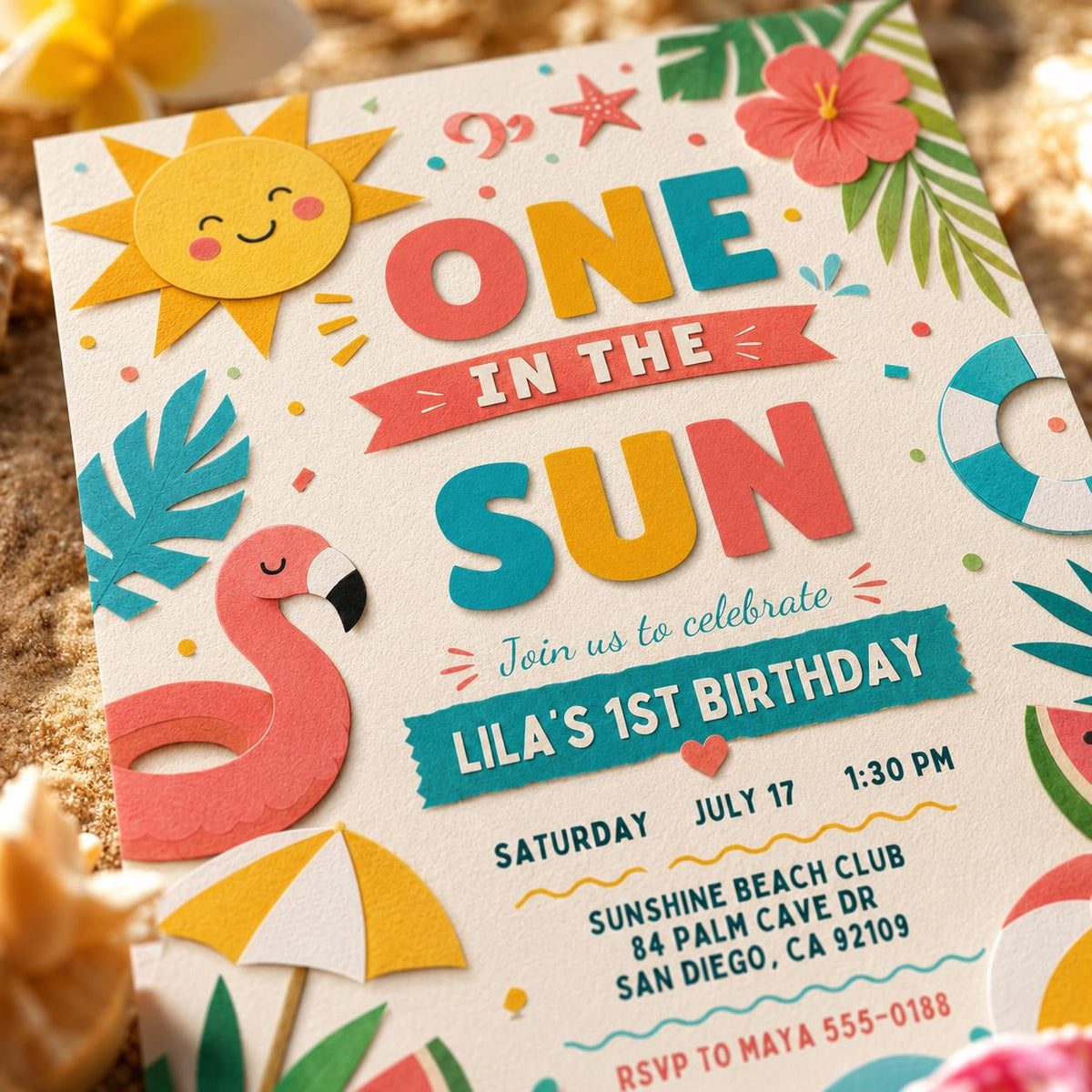 One in the Sun First Birthday Invitation for Girls — print-ready first birthday design from VoltBy